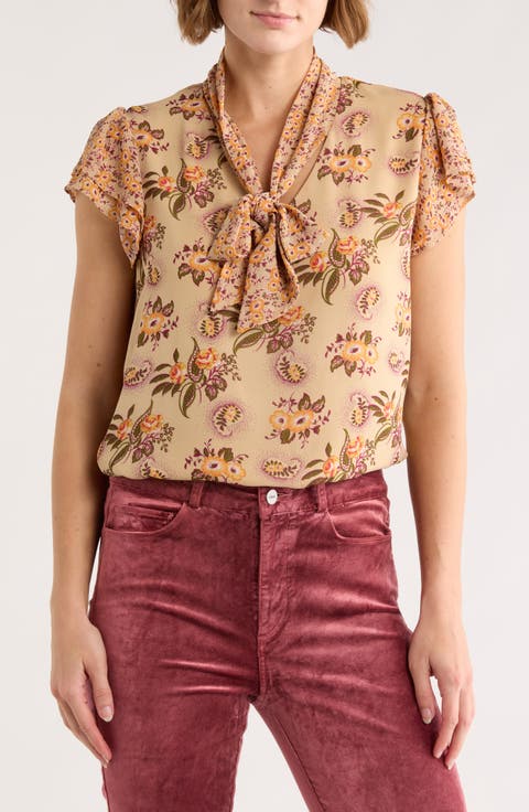 Floral Tie Neck Flutter Sleeve Top