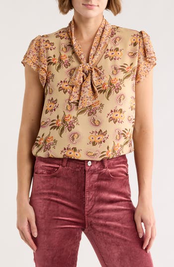 Dr2 By Daniel Rainn Floral Tie Neck Flutter Sleeve Top In Neutral