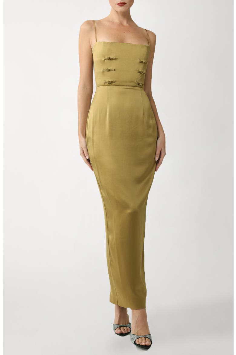Taylor Knot Detail Satin Column Gown, Main, color, GOLDEN OLIVE