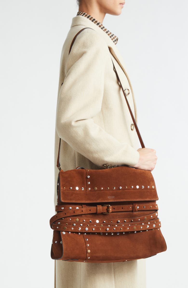 Moschino Tie Me Studded Suede Shoulder Bag, Alternate, color, Brown