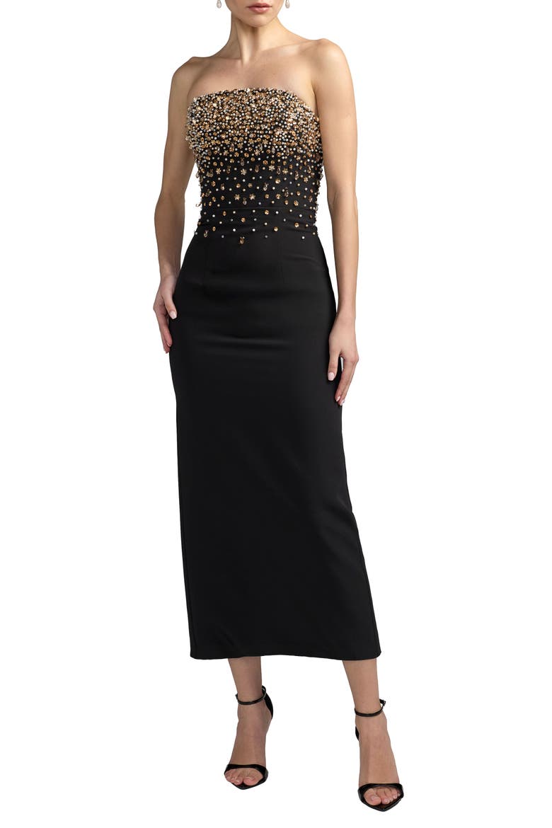 Beaded Strapless Crepe Midi Dress, Main, color, Black