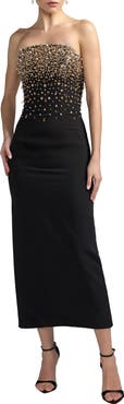 Mac Duggal Beaded Strapless Crepe Midi Dress