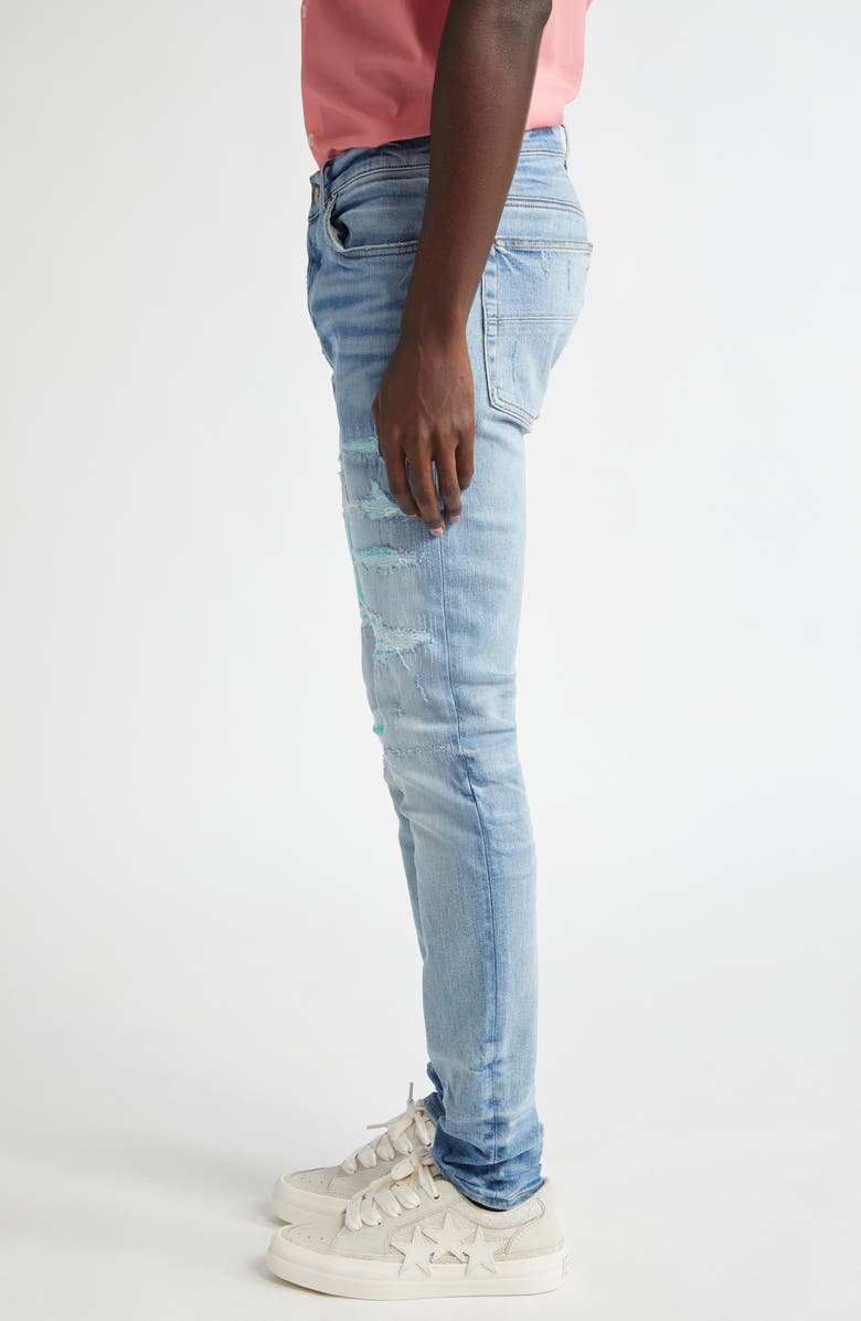 AMIRI Varsity Logo Rip & Repair Skinny Fit Jeans, Alternate, color, Perfect Indigo