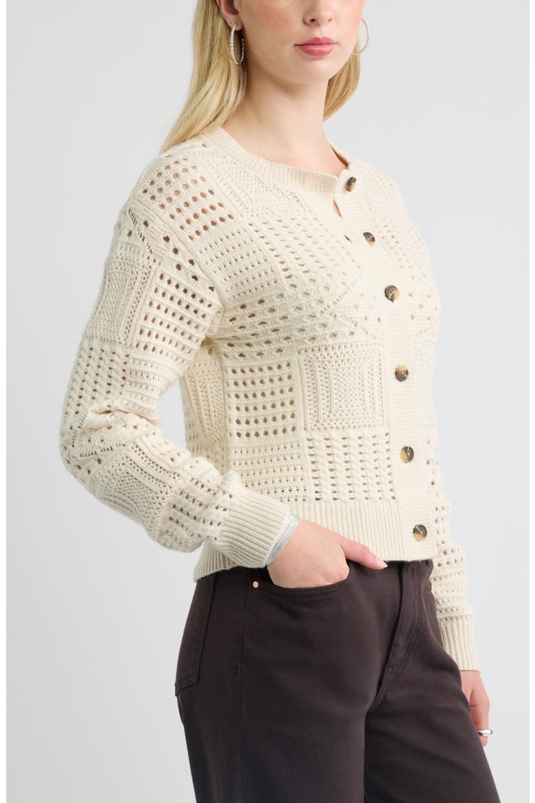 Patchwork Pointelle Cardigan, Alternate, color, IVORY DOVE