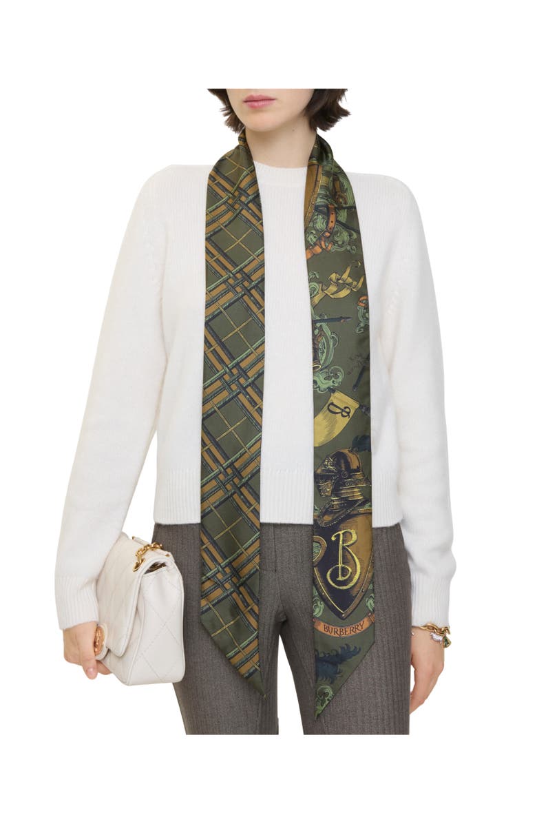 Burberry Skinny Reversible Etched Knight Silk Scarf, Alternate, color, Moat Green