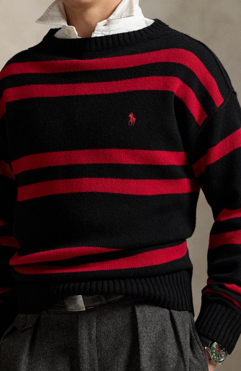 Polo Ralph Lauren Stripe Crewneck Wool Sweater, Alternate, color, Polo Black Combo