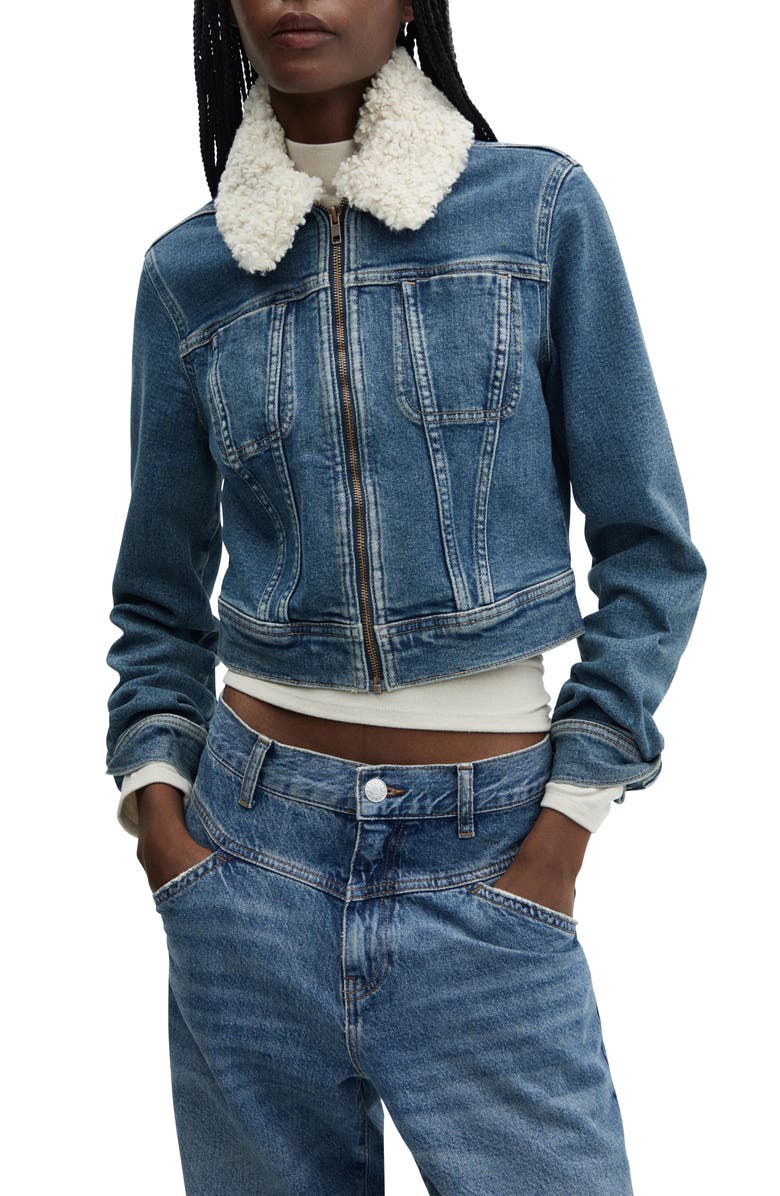 MANGO Denim Trucker Jacket with Removable Faux Shearling Collar, Main, color,