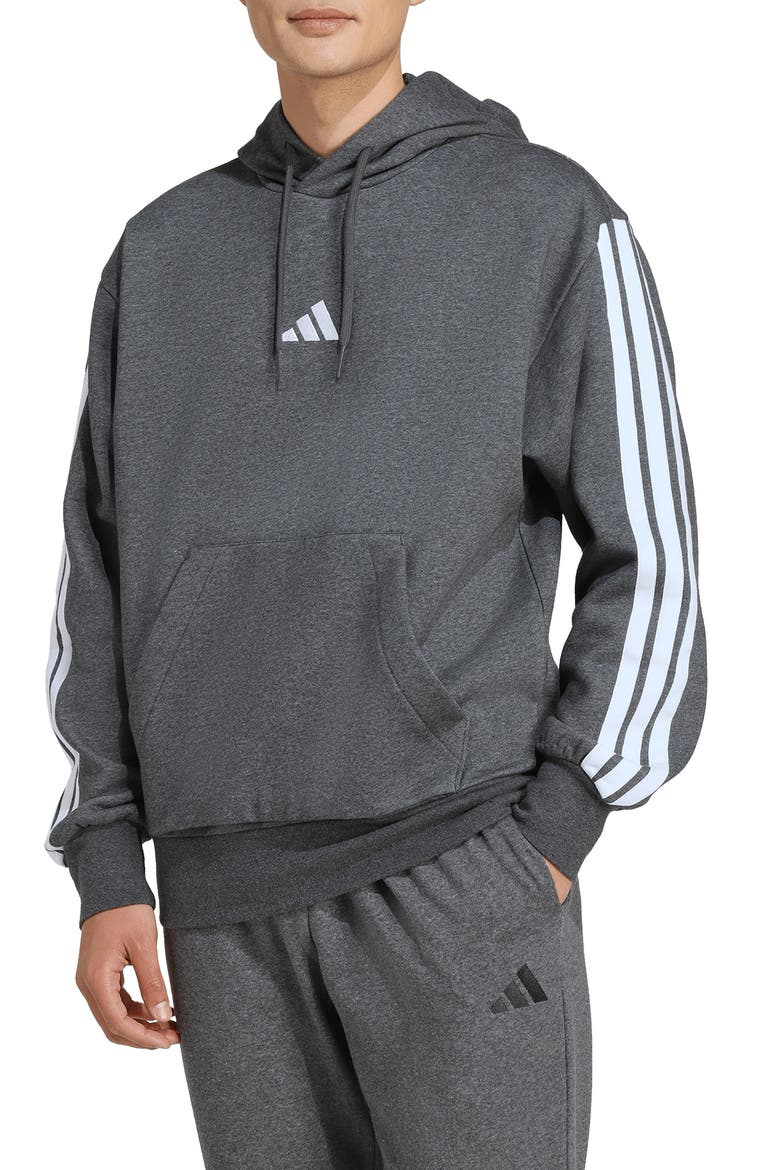 Essential 3-Stripes Fleece Hoodie, Main, color, DARK GREY HEATHER/ WHITE