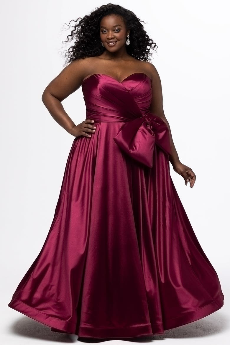 Satin A-Line Curvy Formal Dress with Detachable Bow, Alternate, color, Wine