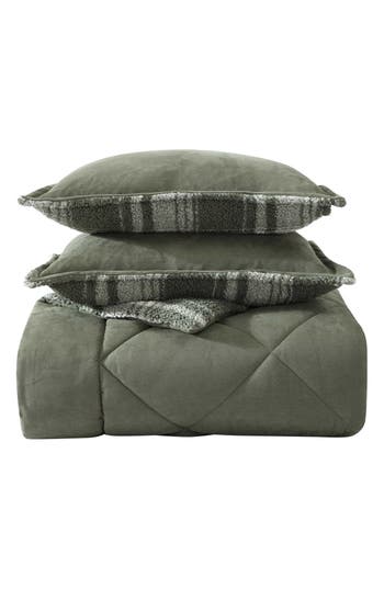 Eddie Bauer Big Lake Plaid Reversible Faux Shearling Comforter Set In Green
