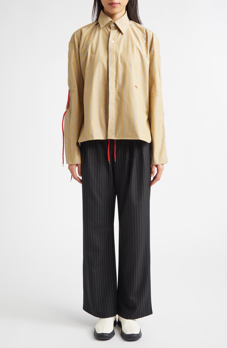 KÚR Circle Detail Stripe Organic Cotton Button-Up Shirt, Alternate, color, Mud Brown