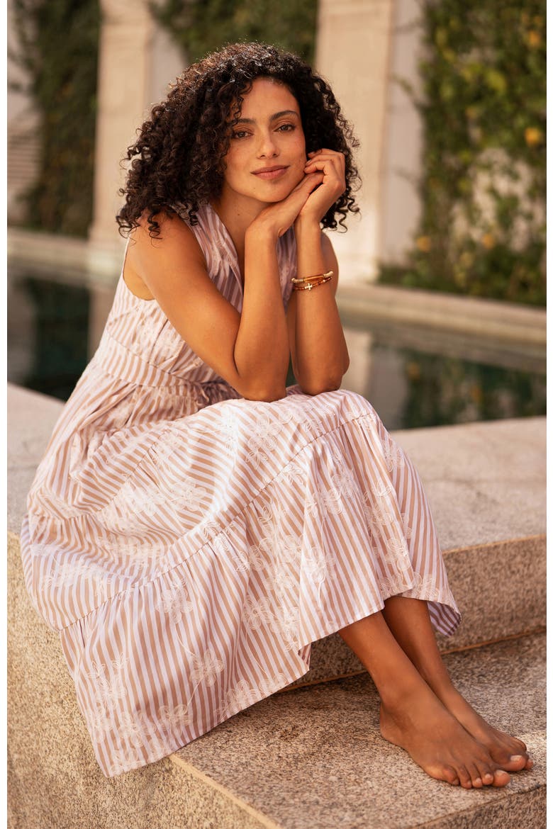 Stripe With Flower Cotton Dress, Alternate, color, Brown