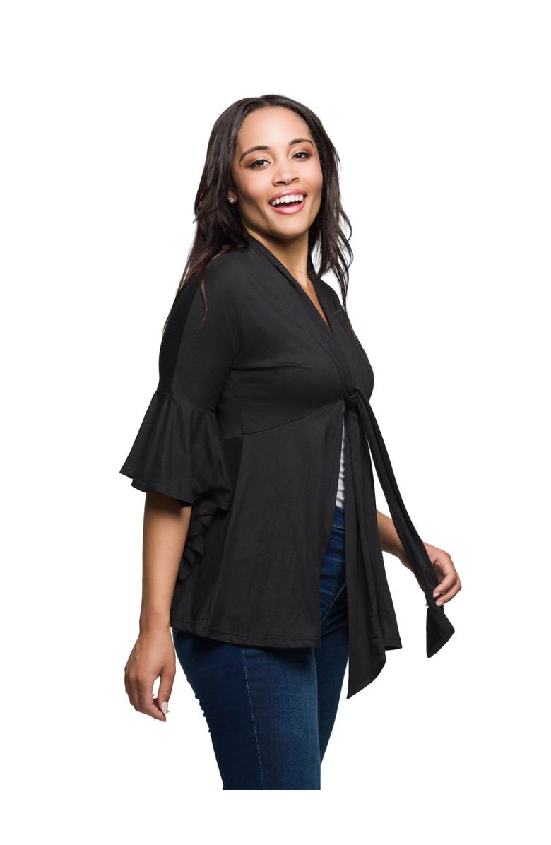 24seven Comfort Apparel Tie Front Bell Sleeve Cardigan, Alternate, color, Black