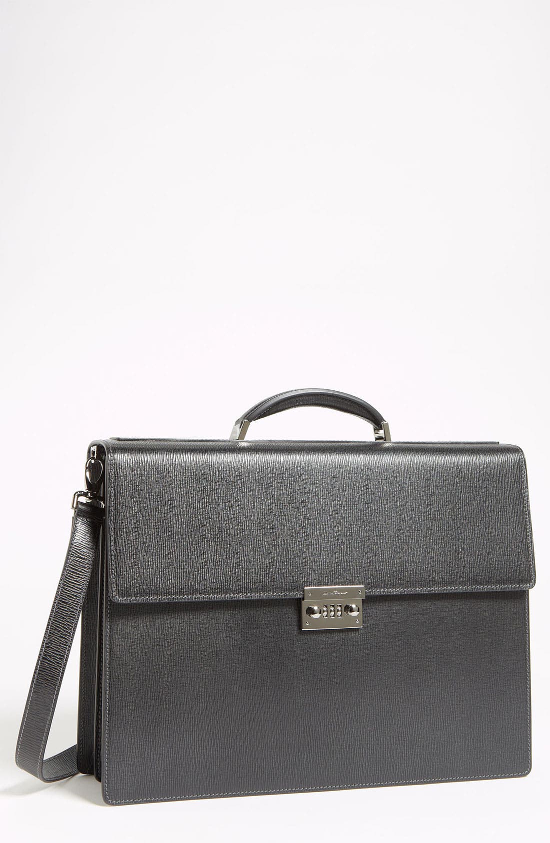 Salvatore Ferragamo Double Gusset Leather Briefcase, Main, color, BLACK