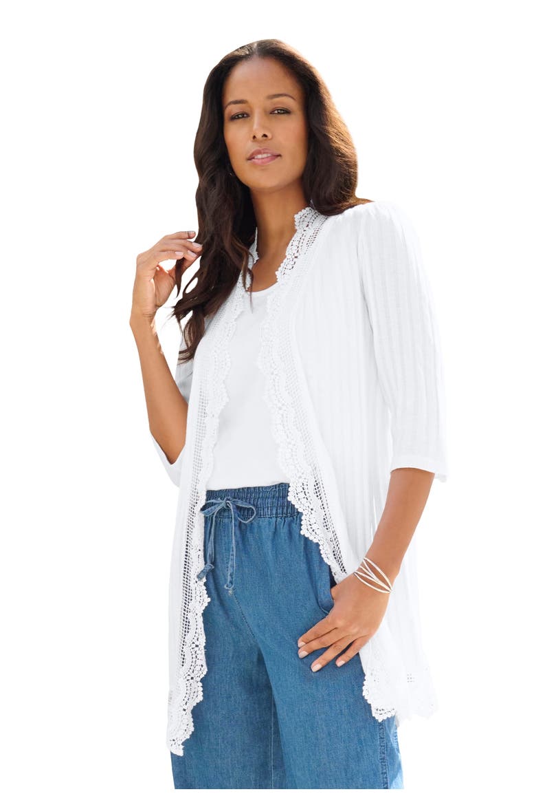 Plus Size Crochet Trim Pointelle Cardigan, Main, color, WHITE