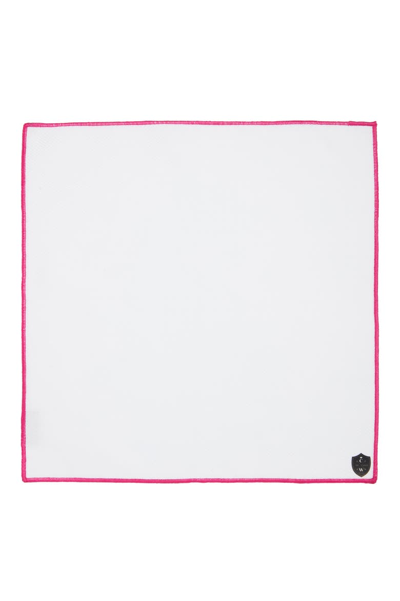 White Cotton Herringbone Pocket Square with Fuchsia Trim, Alternate, color, FUCHSIA