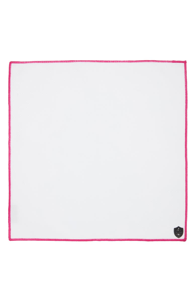 CLIFTON WILSON White Cotton Herringbone Pocket Square with Fuchsia Trim, Alternate, color, Fuchsia