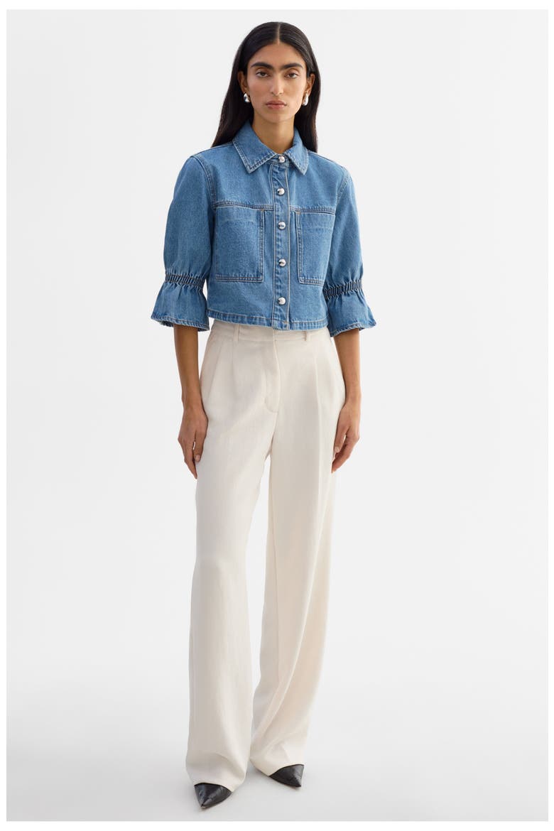 Carolina D | Denim Ruffle Sleeve Jacket, Main, color, MIBW
