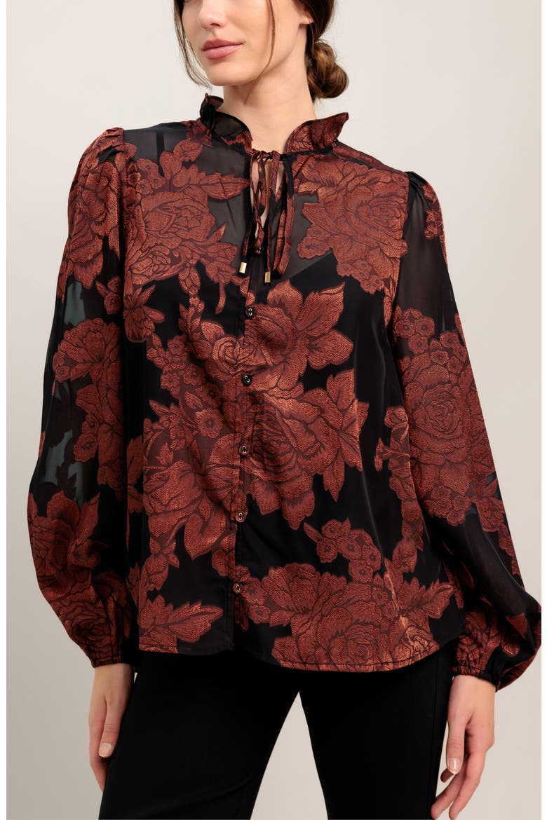 Floral Jacquard Tie Neck Top, Alternate, color, BLACK
