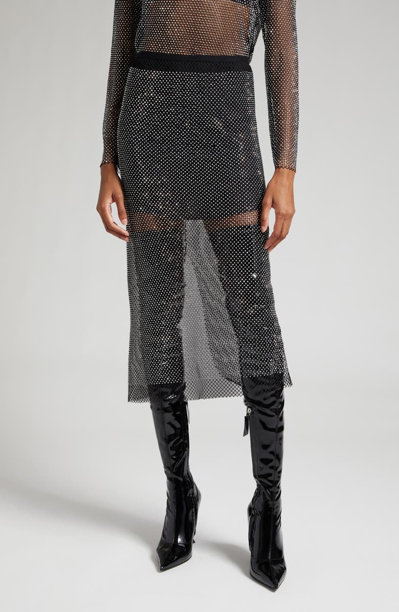 GESTUZ Yadegz Crystal Embellished Mesh Midi Skirt, Main, color, Silver Glitter
