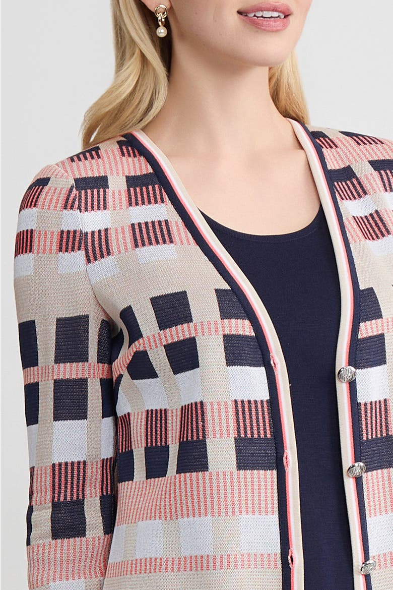 Petite Heritage Jacquard Colorblock Knit Cardigan, Alternate, color, Sunkist Coral/Indigo/Tan