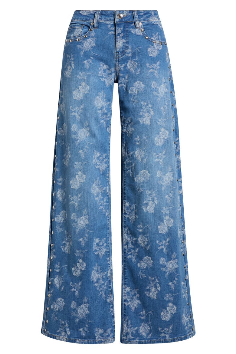 Rose Jacquard Studded Low Rise Wide Leg Jeans, Alternate, color, INDIGO