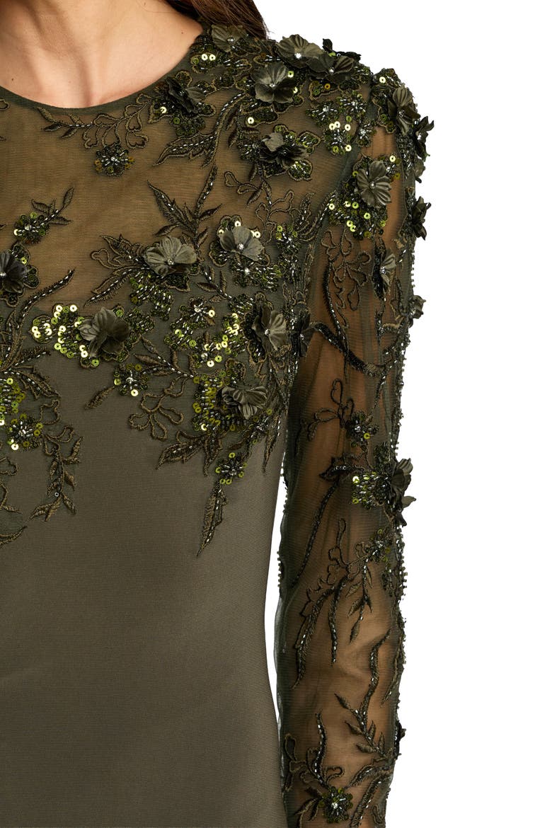 Jersey Long Sleeve Fitted Gown With Floral Beading, Alternate, color, Olive