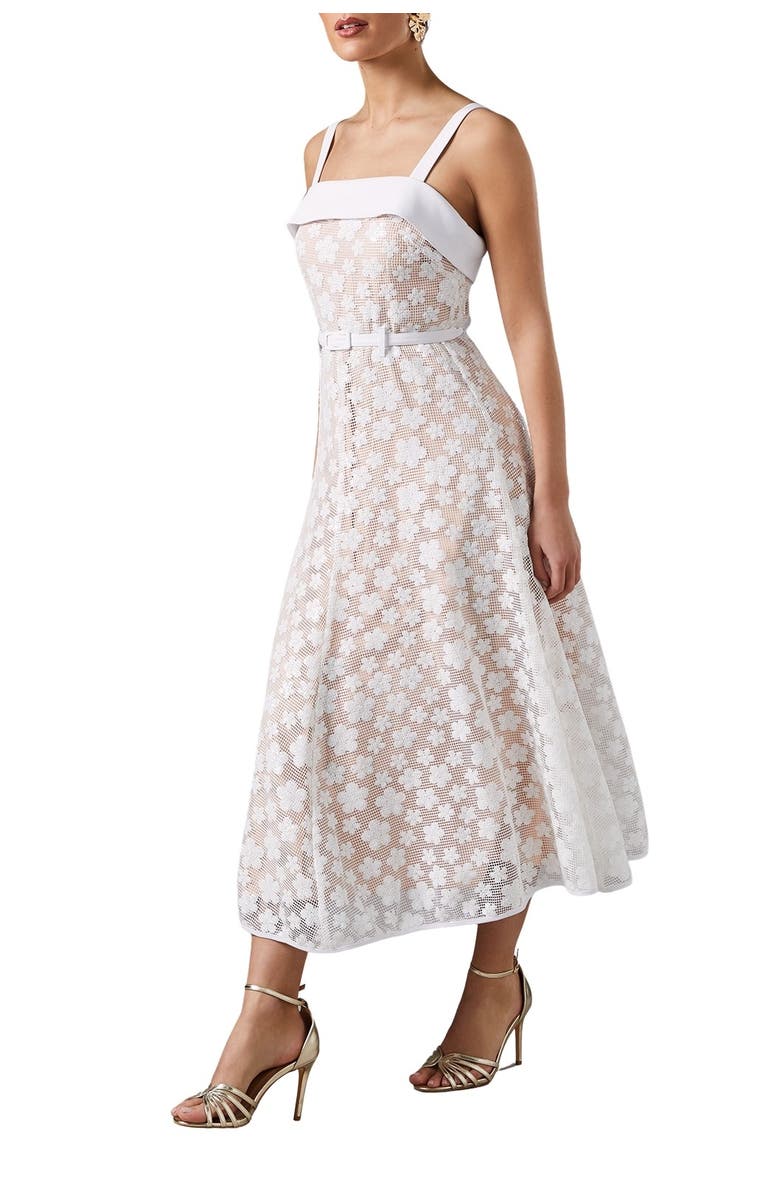 Coast Mesh Sequin Belted Midi Dress, Alternate, color, White