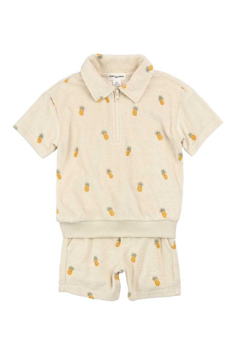Pineapple Print Terry Cloth Half Zip Polo & Shorts Set, Main, color, BEIGE