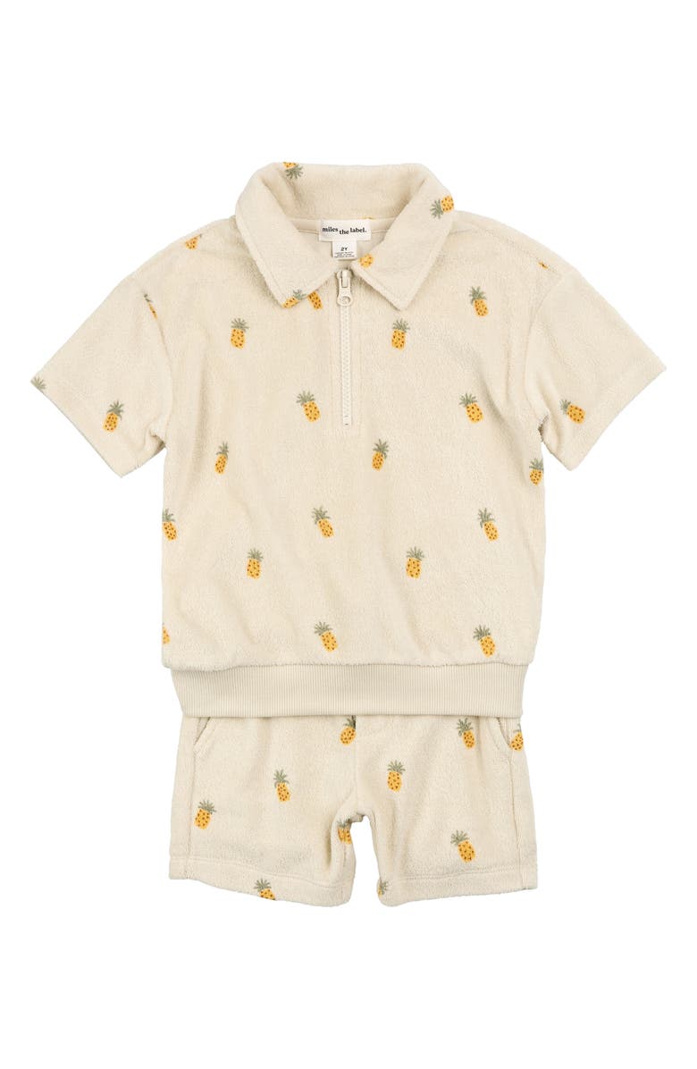 MILES THE LABEL Pineapple Print Terry Cloth Half Zip Polo & Shorts Set, Main, color, Beige