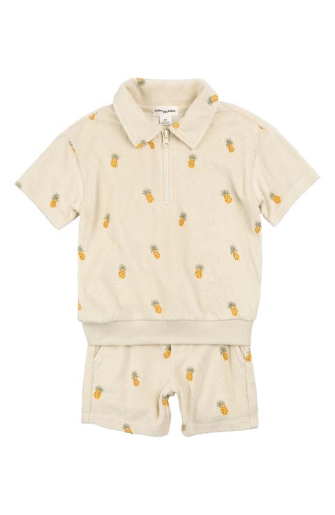 Pineapple Print Terry Cloth Half Zip Polo & Shorts Set (Baby)