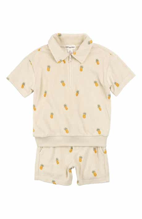 MILES THE LABEL Pineapple Print Terry Cloth Half Zip Polo & Shorts Set