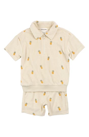 Miles The Label Pineapple Print Terry Cloth Half Zip Polo & Shorts Set In Nude