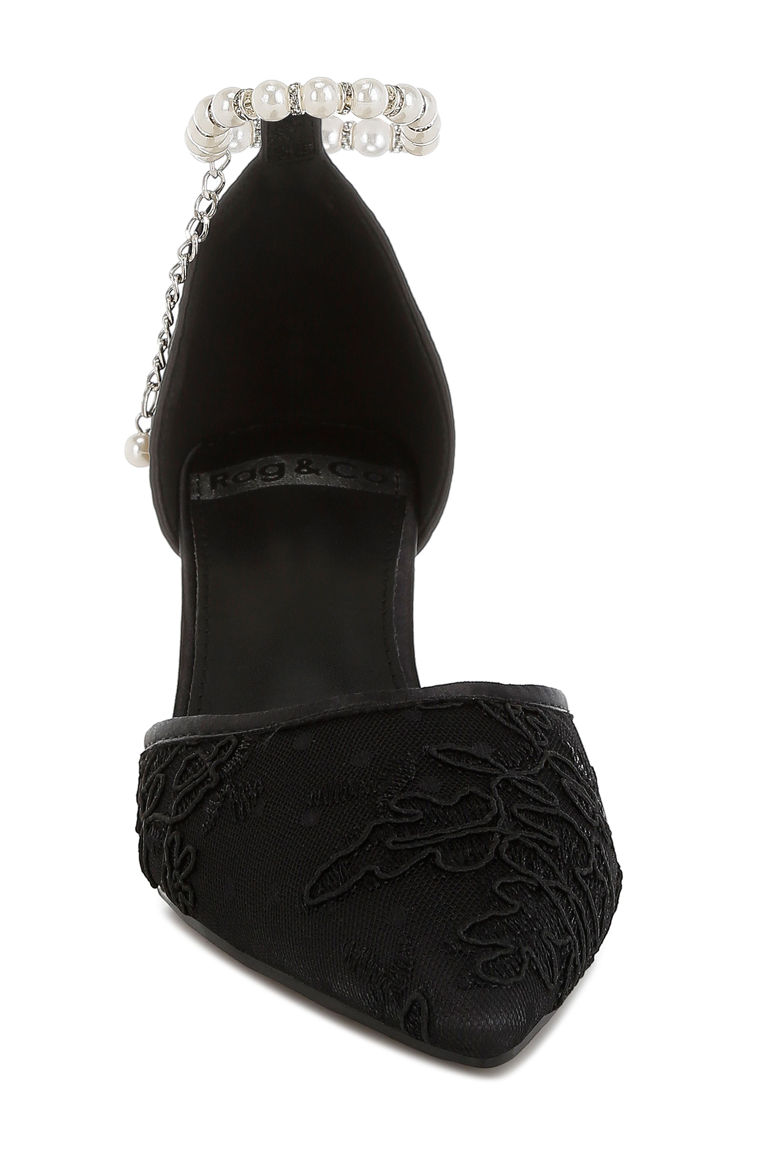 Rag & Co Bruna Faux Pearl Ankle Tie Lace Pump, Alternate, color, Black