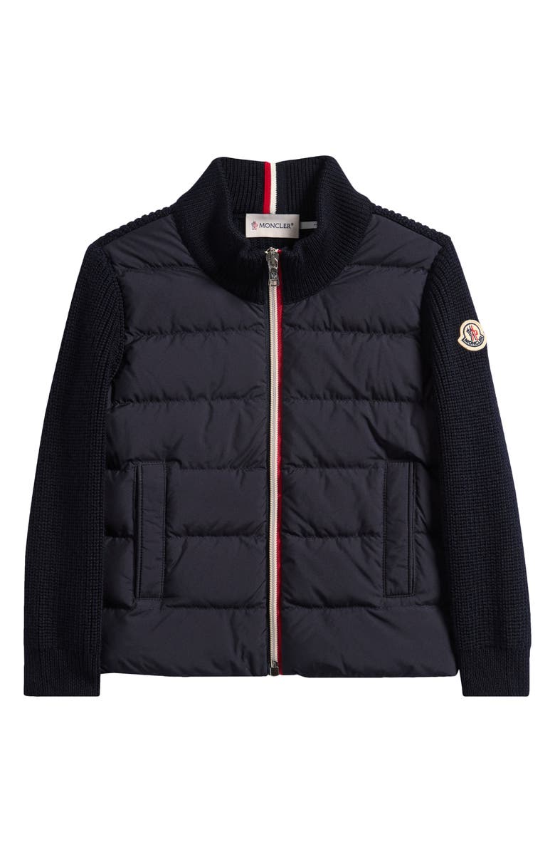 Moncler Kids' Wool Knit & Quilted Down Cardigan, Main, color, Navy