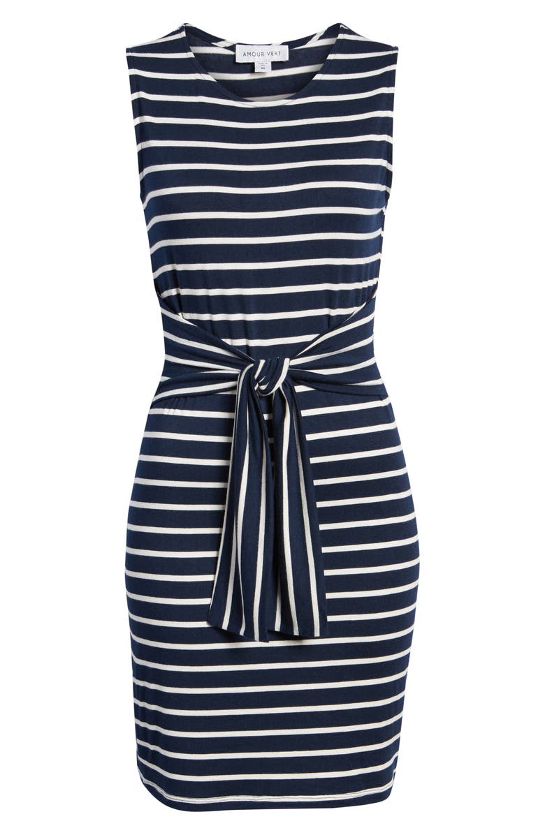 Amour Vert Tie Waist Body-Con Dress, Alternate, color, Basque Stripe