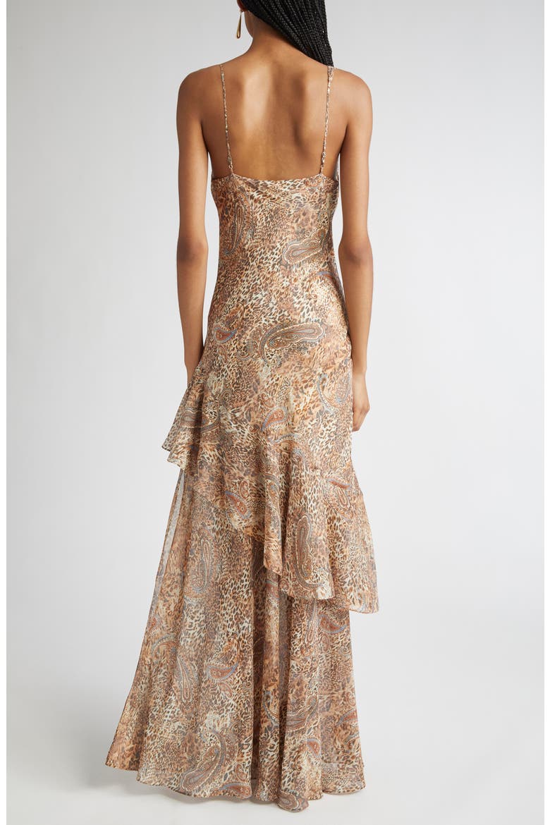 Viola Mixed Print Tiered Silk Gown, Alternate, color, BROWN/ BLUE VALENCIA LEOPARD