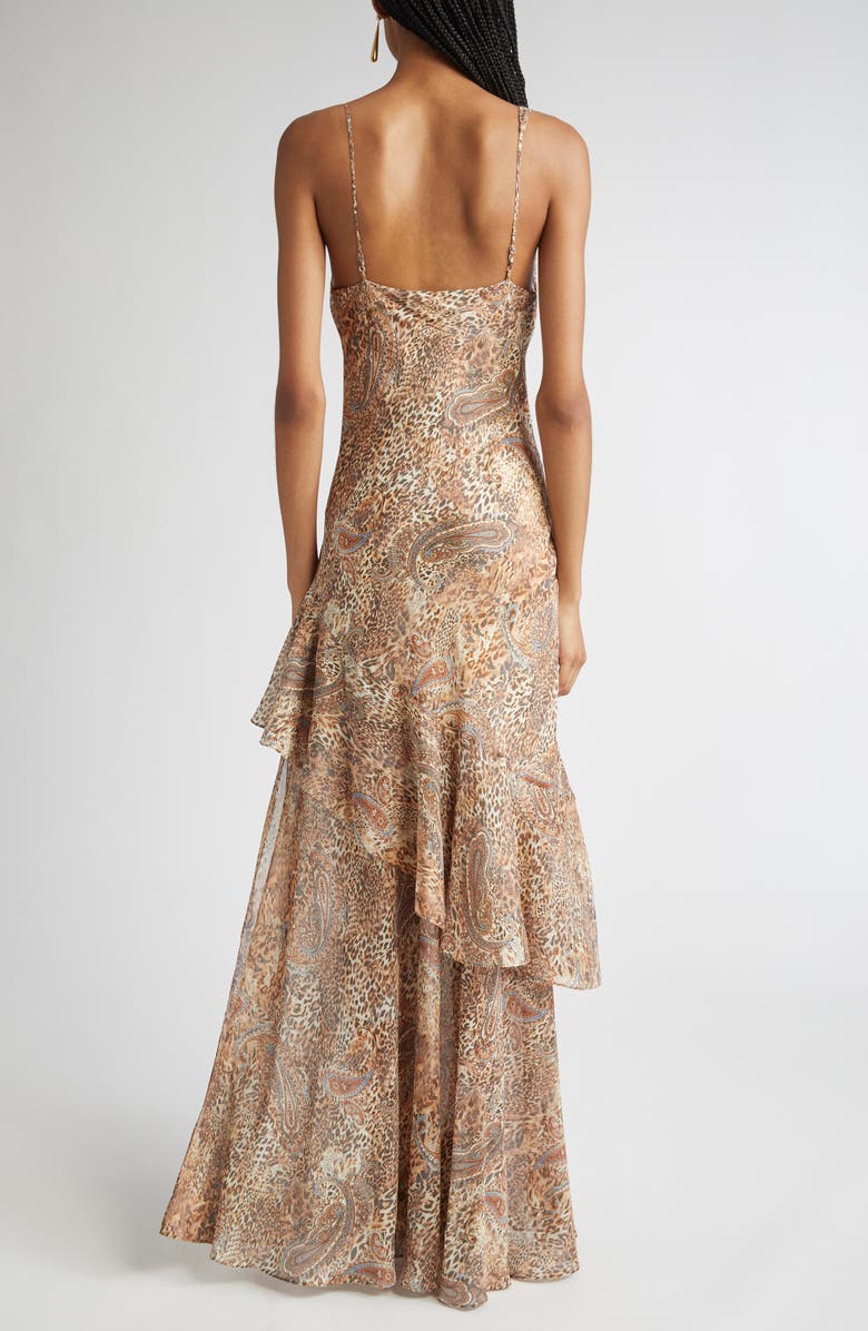L'AGENCE Viola Mixed Print Tiered Silk Gown, Alternate, color, Brown/ Blue Valencia Leopard