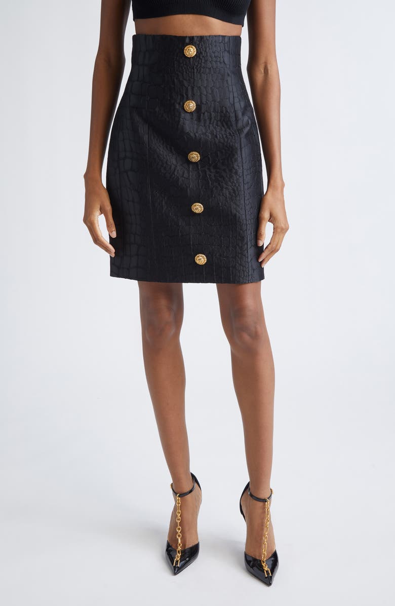 Balmain High Waist Crocodile Jacquard Skirt, Main, color, Black