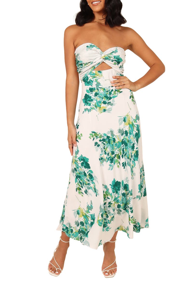 Teagan Floral Print Cutout Strapless Maxi Dress, Main, color, GREEN FLORAL