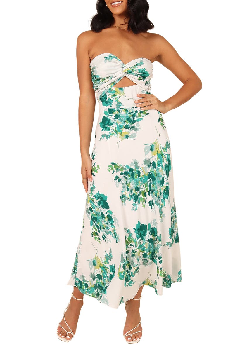 Petal & Pup Teagan Floral Print Cutout Strapless Maxi Dress, Main, color, Green Floral