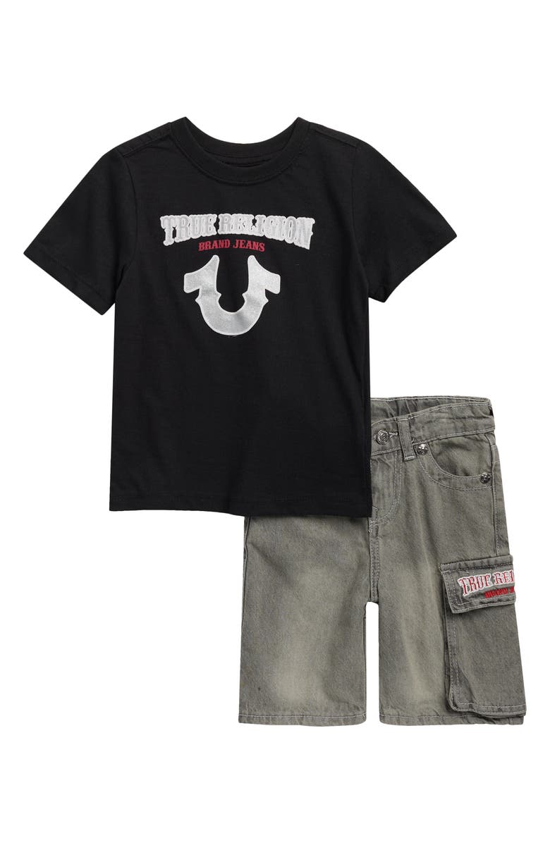 True Religion Kids' Knit Graphic T-Shirt & Denim Cargo Shorts Set, Main, color, Black