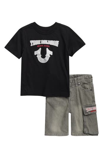 True Religion Kids' Knit Graphic T-shirt & Denim Cargo Shorts Set In Multi