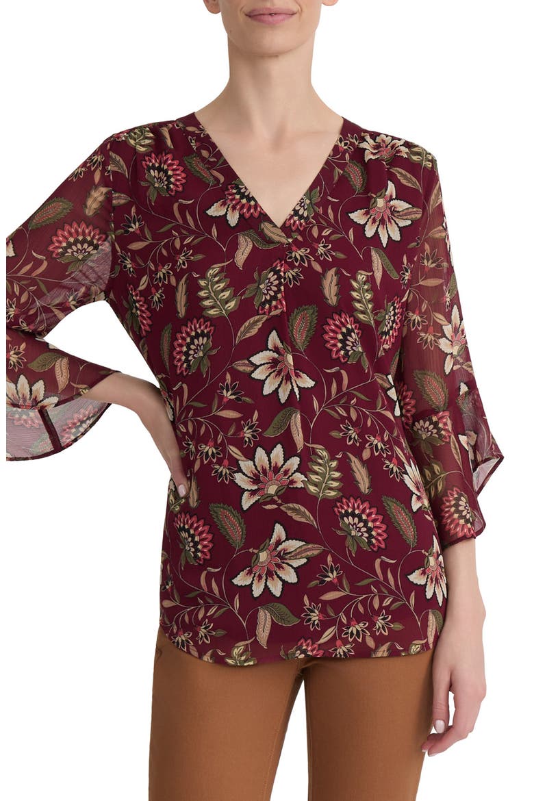 Floral V-Neck Flutter Sleeve Top, Main, color, WINE MULTI