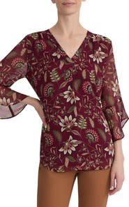 Jones New York Floral V-Neck Flutter Sleeve Top