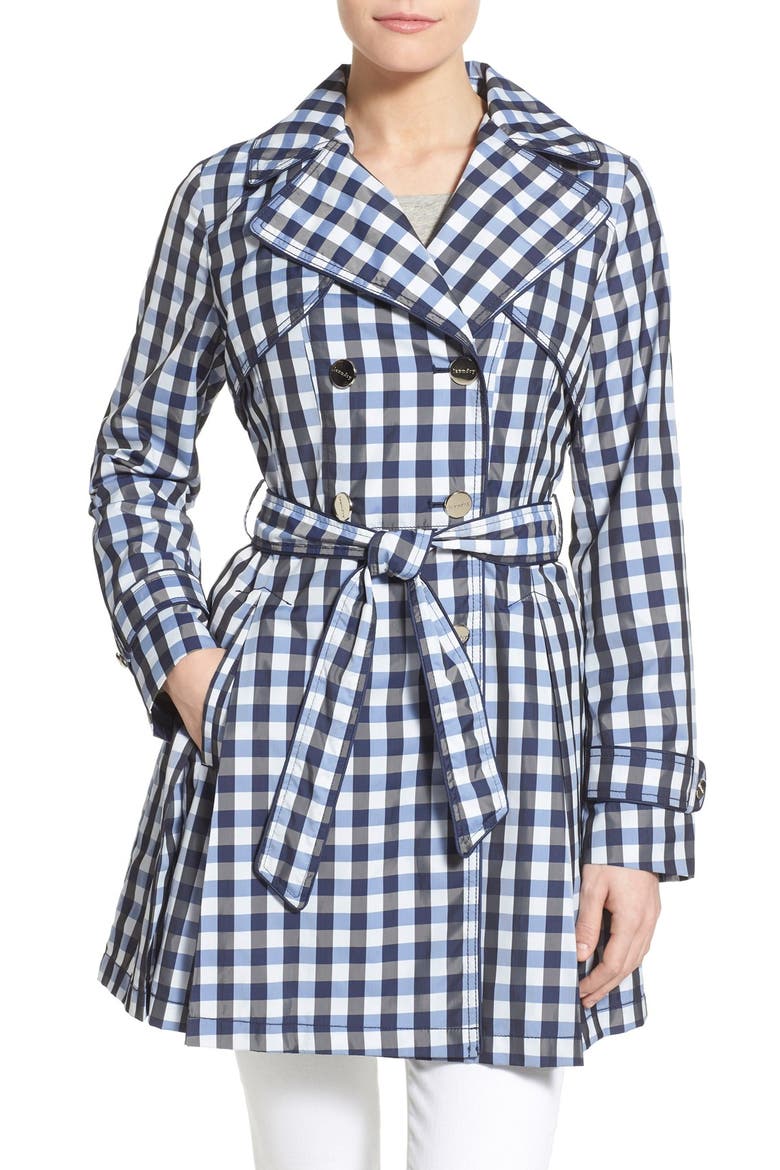 Gingham Print Double Breasted Trench Coat, Main, color, BLUE/ BLACK
