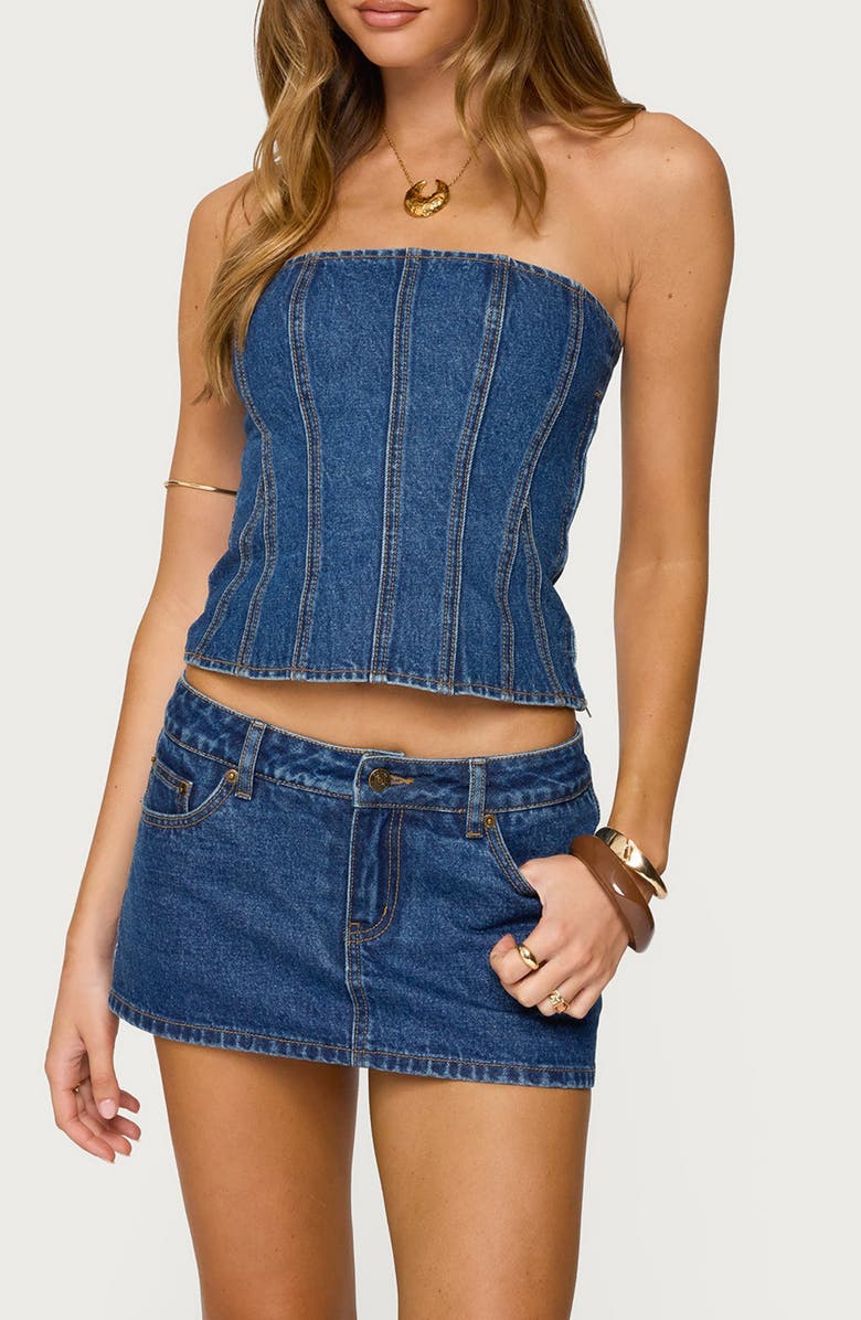 EDIKTED Camelia Strapless Denim Corset Top, Alternate, color, Blue-Washed