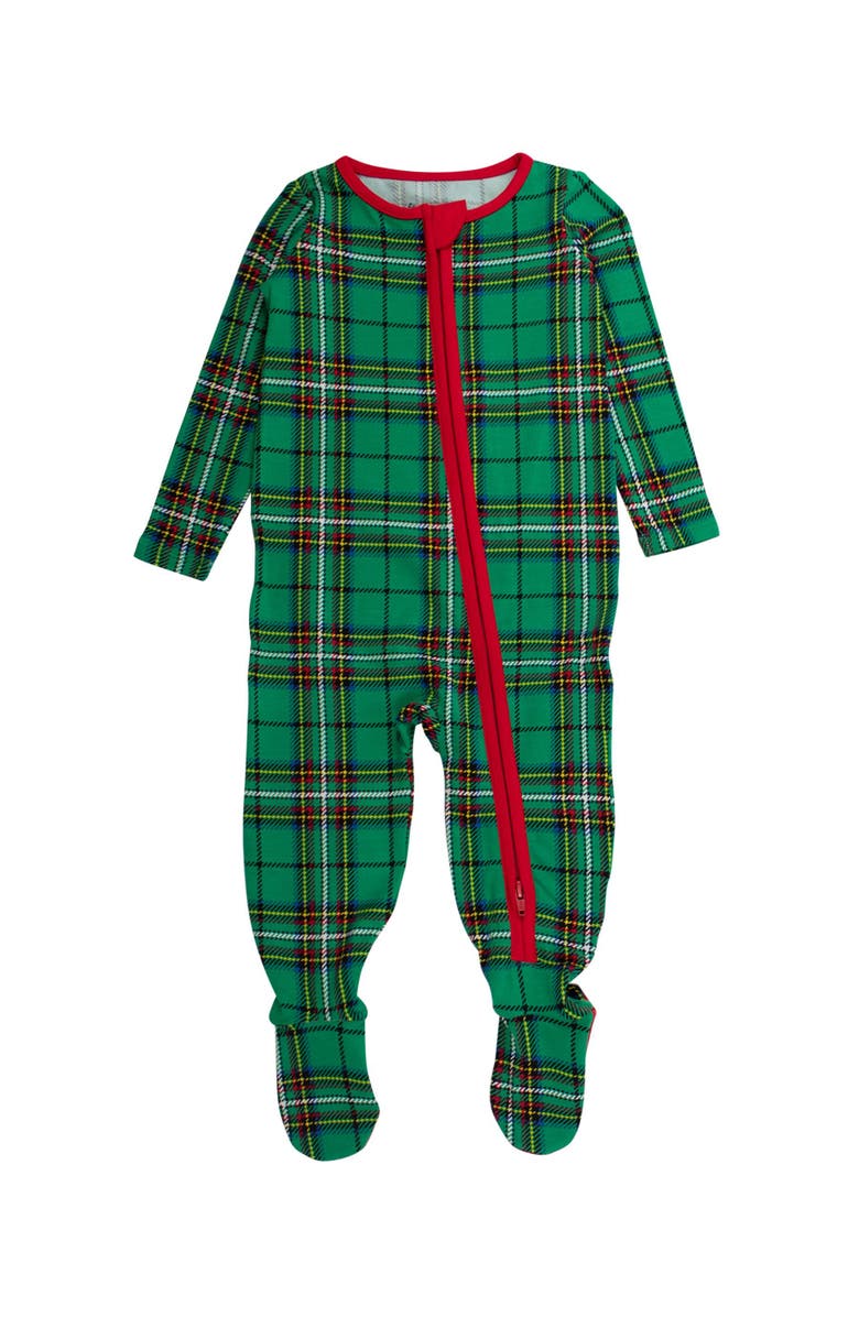 RuffleButts Modal Blend One Piece Footie Pajamas, Main, color, Green Nicholas Plaid