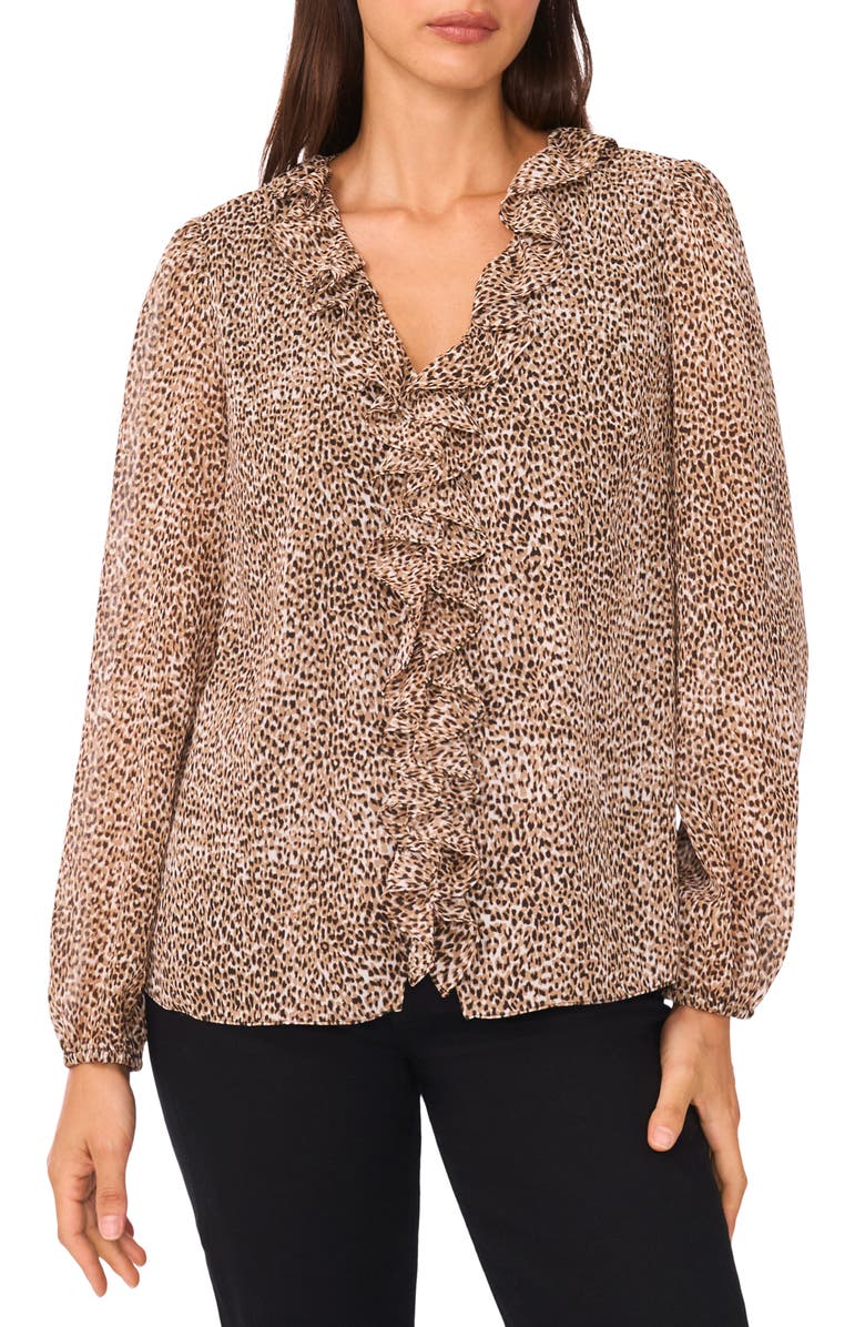 CeCe V-Neck Ruffle Top, Main, color, Taupe