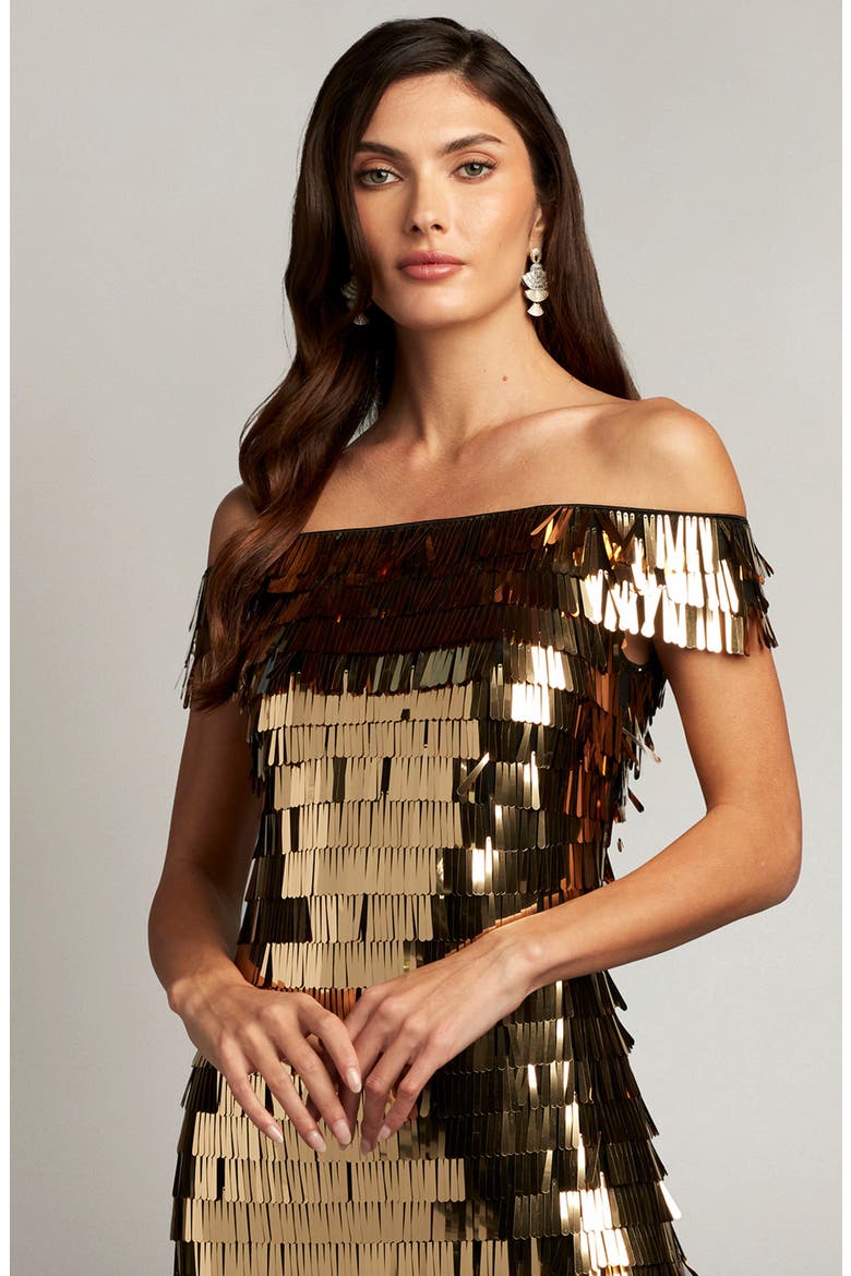 Sequin Fringe Off the Shoulder Dress, Alternate, color, GOLDEN